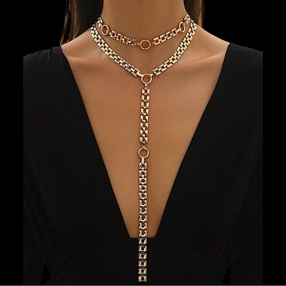 Gold Y Lariat Multilayer Necklace Specialty Chain Link - Picture 1 of 4